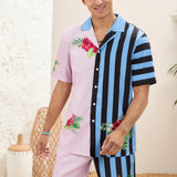 Manfinity VCAY Conjunto Para Hombre De Camisa Y Pantalones Cortos De Corte Holgado, Tejido Casual Con Rayas Y Plantas Y Estampado Floral, Perfecto Para El Festival De Musica Hawaiana Y Vacaciones