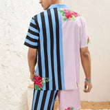 Manfinity VCAY Conjunto Para Hombre De Camisa Y Pantalones Cortos De Corte Holgado, Tejido Casual Con Rayas Y Plantas Y Estampado Floral, Perfecto Para El Festival De Musica Hawaiana Y Vacaciones