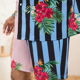 Manfinity VCAY Conjunto Para Hombre De Camisa Y Pantalones Cortos De Corte Holgado, Tejido Casual Con Rayas Y Plantas Y Estampado Floral, Perfecto Para El Festival De Musica Hawaiana Y Vacaciones
