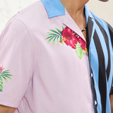 Manfinity VCAY Conjunto Para Hombre De Camisa Y Pantalones Cortos De Corte Holgado, Tejido Casual Con Rayas Y Plantas Y Estampado Floral, Perfecto Para El Festival De Musica Hawaiana Y Vacaciones