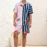 Manfinity VCAY Conjunto Para Hombre De Camisa Y Pantalones Cortos De Corte Holgado, Tejido Casual Con Rayas Y Plantas Y Estampado Floral, Perfecto Para El Festival De Musica Hawaiana Y Vacaciones