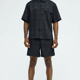 Camisa Plaid Crinkle Closed Collar - Negro