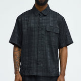 Camisa Plaid Crinkle Closed Collar - Negro