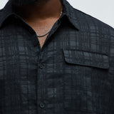 Camisa Plaid Crinkle Closed Collar - Negro