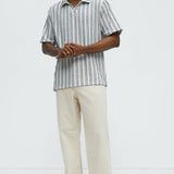 Camisa Glenley Texture Stripe Knit Johnny Collar - Gris/Combinado