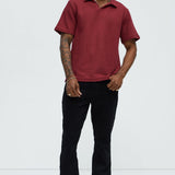 Camisa Raffia Texture Knit Johnny Collar - Rojo