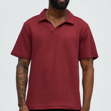 Camisa Raffia Texture Knit Johnny Collar - Rojo