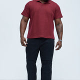 Camisa Raffia Texture Knit Johnny Collar - Rojo