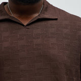 Camisa Ethel Textured Knit Johnny Collar - Café