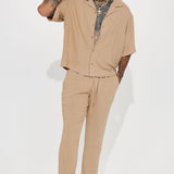 Pantalones de lino sólidos con textura, cintura elástica, aberturas laterales - marrón.