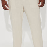 Pantalones de lino con textura sólida y cintura elástica con abertura lateral - piedra