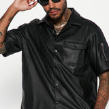 Camisa corta de botones con manga corta y de cuero sintético de utilidad - Negro