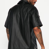 Camisa corta de botones con manga corta y de cuero sintético de utilidad - Negro