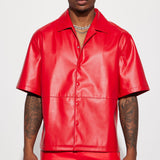 Abotonado Slam Dunk Faux Leather Short Sleeve - Rojo