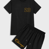 Manfinity Sporsity Camiseta con estampado de letra con shorts de cintura con cordon