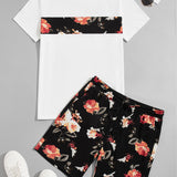 Manfinity RSRT Hombres Camiseta algodon de color combinado con estampado floral & Shorts de cintura con cordon
