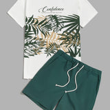 Manfinity RSRT Hombres Camiseta con estampado tropical con letra con shorts