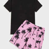 Manfinity Chillmode Hombres con estampado de arbol de coco Camiseta con Set shorts