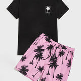 Manfinity Chillmode Hombres con estampado de arbol de coco Camiseta con Set shorts