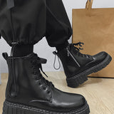 Botas Negras Solidas Para Hombre Con Cordones, Cremallera Lateral Y Suela Gruesa. Ropa Urbana Para Hombres