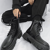 Botas Negras Solidas Para Hombre Con Cordones, Cremallera Lateral Y Suela Gruesa. Ropa Urbana Para Hombres