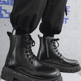 Botas Negras Solidas Para Hombre Con Cordones, Cremallera Lateral Y Suela Gruesa. Ropa Urbana Para Hombres