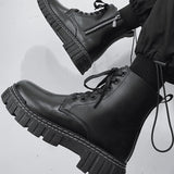 Botas Negras Solidas Para Hombre Con Cordones, Cremallera Lateral Y Suela Gruesa. Ropa Urbana Para Hombres