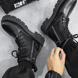 Botas Negras Solidas Para Hombre Con Cordones, Cremallera Lateral Y Suela Gruesa. Ropa Urbana Para Hombres