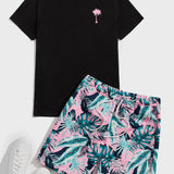 Manfinity Chillmode Hombres con estampado de arbol de coco Camiseta & con estampado tropical de cintura con cordon Shorts