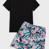 Manfinity Chillmode Hombres con estampado de arbol de coco Camiseta & con estampado tropical de cintura con cordon Shorts