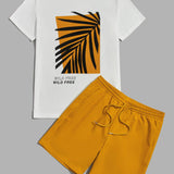 Manfinity Chillmode Hombres Camiseta con estampado tropical con slogan & Shorts de cintura con cordon