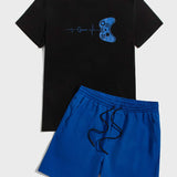 Manfinity Hypemode Hombres con mando de juego & con estampado de letra Camiseta & de cintura con cordon Shorts