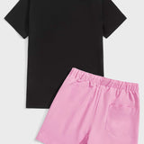 Manfinity Hypemode Hombres Camiseta con estampado floral y letra japonesa & Shorts de cintura con cordon