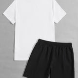 Manfinity Homme Hombres Camiseta ribete en contraste con estampado de dibujo & Shorts de cintura con cordon