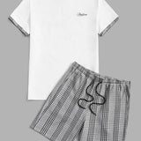 Manfinity Homme Hombres Camiseta con estampado de letra & shorts de cuadros