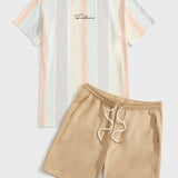 Manfinity Hypemode Hombres con estampado de rayas y letra Camiseta & de cintura con cordon Shorts