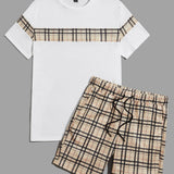 Manfinity Homme Hombres Camiseta con estampado de cuadros & Shorts de cintura con cordon