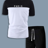 Manfinity Homme Hombres Shorts con camiseta de color combinado con estampado de letra