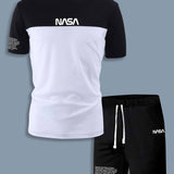 Manfinity Homme Hombres Camiseta de color combinado con estampado de slogan & Shorts de cintura con cordon