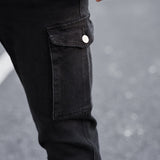 Manfinity Homme Pantalones de carga de hombre de algodon con bolsillo con solapa, ajustados y largos, de lavado oscuro, jean negro liso, adecuados para trabajo de negocios casuales para esposos