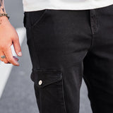 Manfinity Homme Pantalones de carga de hombre de algodon con bolsillo con solapa, ajustados y largos, de lavado oscuro, jean negro liso, adecuados para trabajo de negocios casuales para esposos