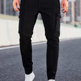 Manfinity Homme Pantalones de carga de hombre de algodon con bolsillo con solapa, ajustados y largos, de lavado oscuro, jean negro liso, adecuados para trabajo de negocios casuales para esposos