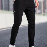 Manfinity Homme Pantalones de carga de hombre de algodon con bolsillo con solapa, ajustados y largos, de lavado oscuro, jean negro liso, adecuados para trabajo de negocios casuales para esposos