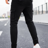 Manfinity Homme Pantalones de carga de hombre de algodon con bolsillo con solapa, ajustados y largos, de lavado oscuro, jean negro liso, adecuados para trabajo de negocios casuales para esposos