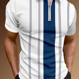 Manfinity Hombres Camisa polo con estampado de rayas con cremallera cuarta