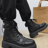 Botas de combate delanteras con cordones y decoracion de metal para hombres Botas calidas con forro de felpa de PU