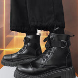 Botas de combate delanteras con cordones y decoracion de metal para hombres Botas calidas con forro de felpa de PU