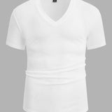 Manfinity Basics Camisetas de hombre con cuello en V, mangas caidas y manga corta, camiseta basica casual y simple de poliester para el verano