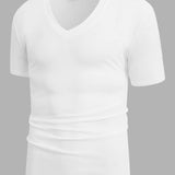 Manfinity Basics Camisetas de hombre con cuello en V, mangas caidas y manga corta, camiseta basica casual y simple de poliester para el verano