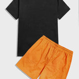 Manfinity Chillmode Hombres con estampado tropical Camiseta & de cintura con cordon Shorts